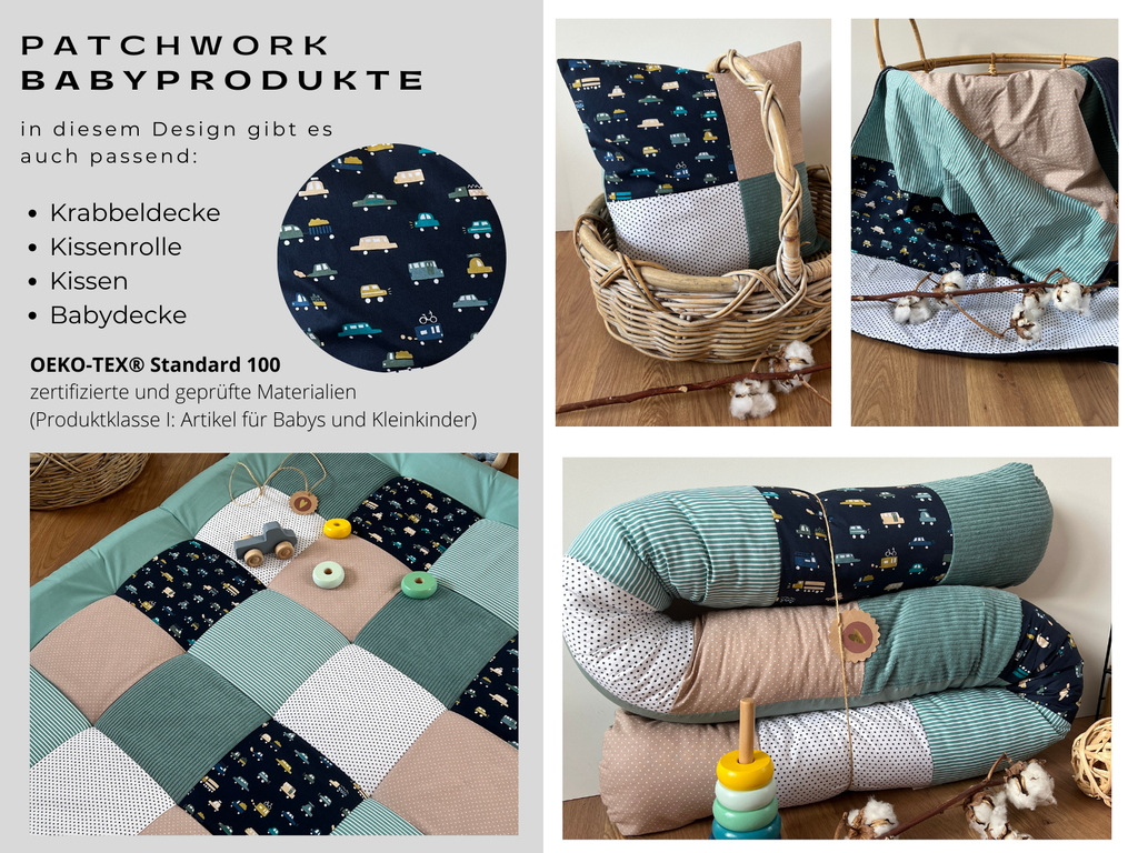 The image is a collage of four photos showcasing a patchwork baby product, including a quilt, a pillow, a blanket, and a toy. The product features a patchwork design with various patterns and colors, including vehicles and other elements. The collage also includes text describing the product, such as the patchwork design, the Oeko-Tex Standard 100 certification, and the materials used.
