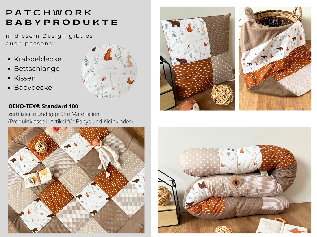 The image is a collage of four photos showcasing various pieces of patchwork baby products, including pillows, cushions, and a basket.
