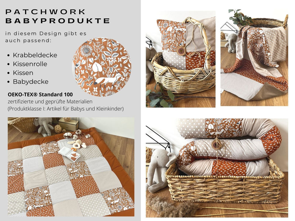 The image is a collage of four photos showcasing a patchwork baby product, including a quilt, a pillow, a blanket, and a basket. The product features a patchwork design with a mix of orange and brown colors, and it appears to be made of natural materials such as cotton and wool. The collage also includes text descriptions of the product, including its design, materials, and features.