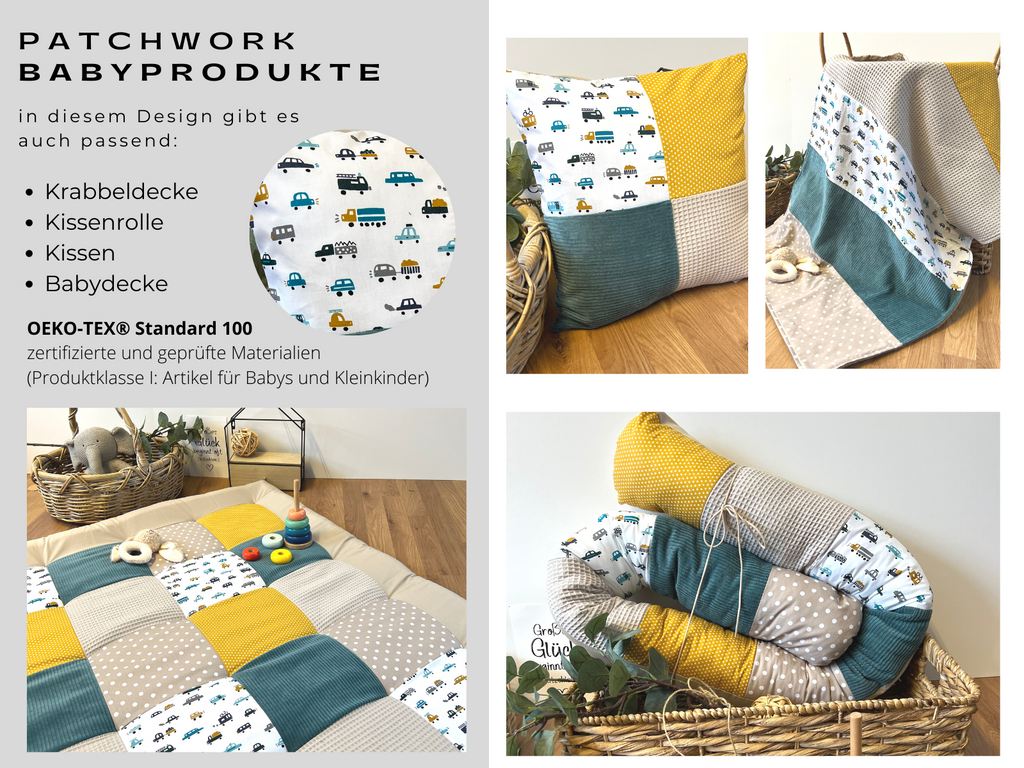 The image is a collage of four photos showcasing a patchwork quilt, a pillow, and a blanket. The quilt features a patchwork design with various colors and patterns, including cars and trucks. The pillow and blanket are also multicolored and patterned, creating a visually appealing and cozy appearance.