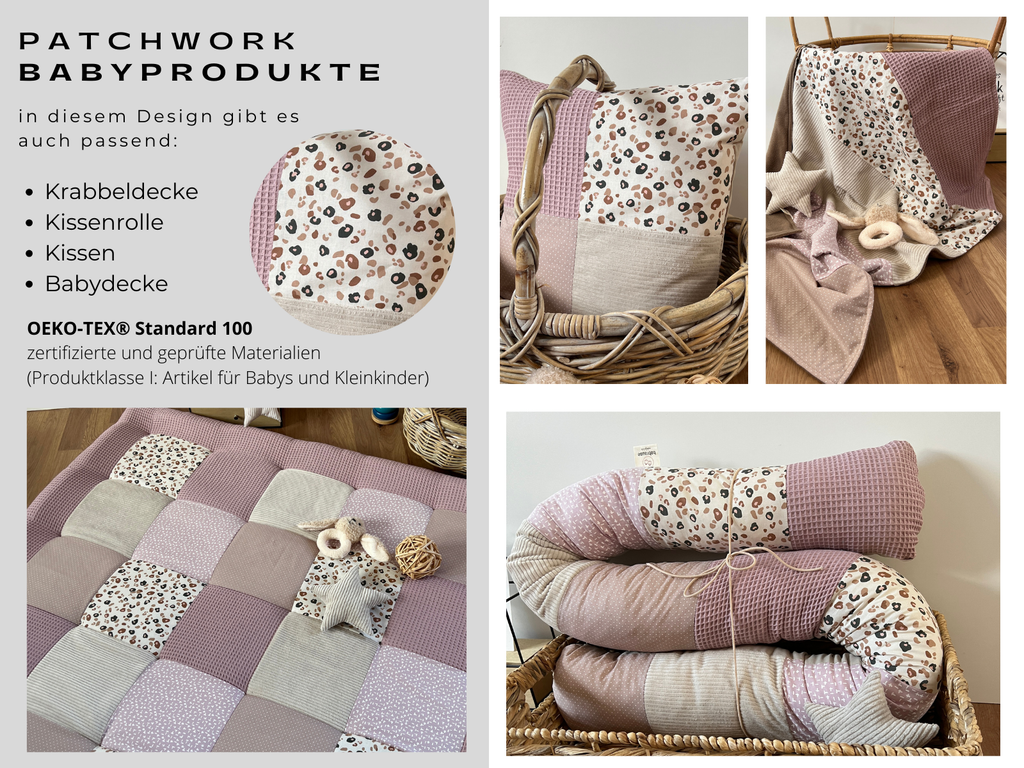 The image is a collage of four photos showcasing a patchwork baby product, including a pillow, a blanket, a quilt, and a basket. The product features a leopard print pattern and is described as a "design gift" in German.