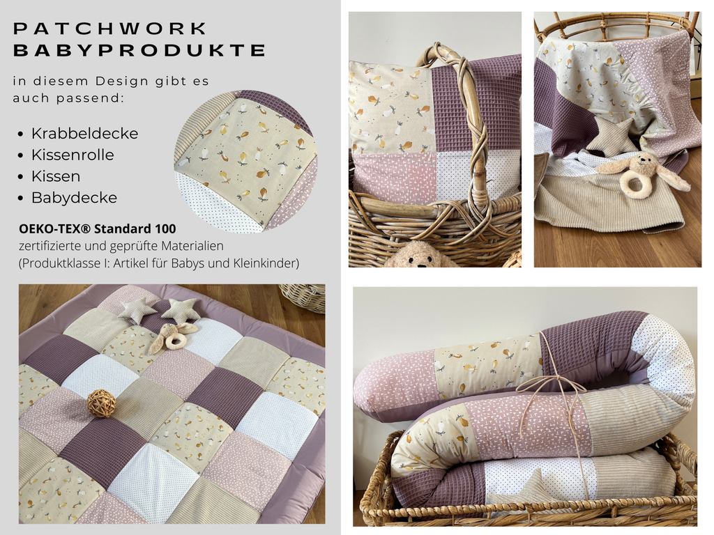 The image is a collage of four photos showcasing various pieces of handmade baby bedding, including a quilt, a pillow, a blanket, and a stuffed animal. The text in the image provides information about the handmade nature of the bedding and the use of a patchwork design technique.
