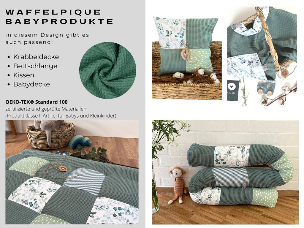 The image is a collage of four photos showcasing various items related to the Waffelpique baby product line. The photos include a close-up of a green and white fabric, a pillow with a similar pattern, a woven basket, and a folded blanket. The collage also includes text descriptions of the items, such as "Waffelpique in diesem Design gibt es such passend," and "Oekko- Texx Standard 100 zetzefte und gegriffte Materialen (Producteklasse läytä fur Babys und Kielkinder)"