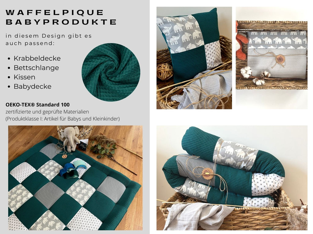 The image is a collage of four photos showcasing various items related to the Waffelpique Babyprodukte collection. The photos include a close-up of a green and gray quilt, a pillow with a similar pattern, a basket with a similar pattern, and a quilt folded into a shape resembling a pillow. The collage also includes text descriptions of the items, such as "Krabbeldece", "Betschlange", "Kissen", and "Babydece".