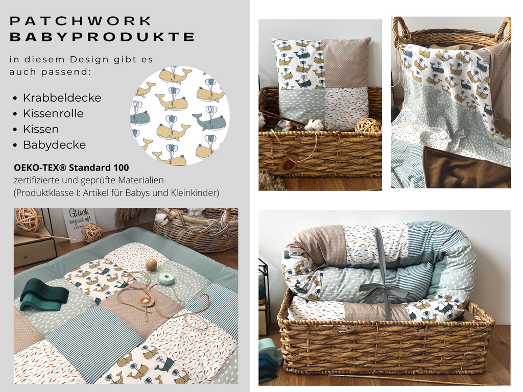 The image is a collage of four photos showcasing a patchwork baby product, including a pillow, a blanket, a quilt, and a basket. The product features a whale pattern, and the text describes the design and materials used.