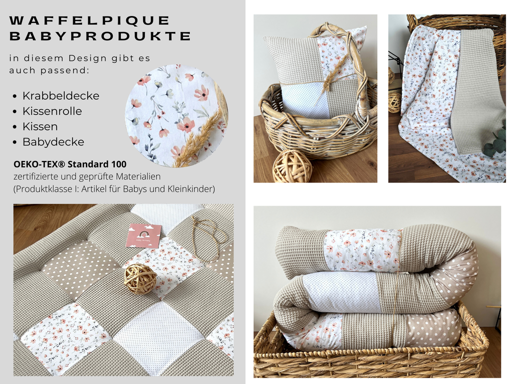 The image is a collage of four photos showcasing various items related to the Waffelpique baby product line. The photos include a pillow, a basket, a blanket, and a quilt. The collage provides a visual representation of the different designs and textures of the products, highlighting their features and quality.