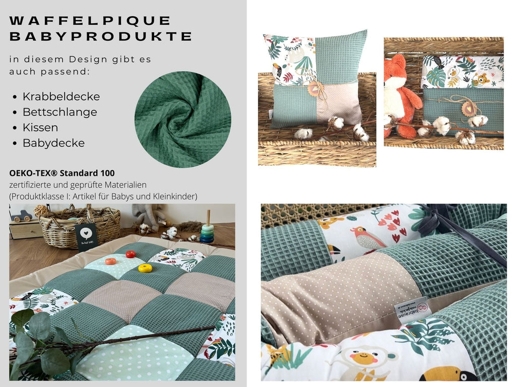 The image is a collage of four photos showcasing various baby products, including a quilt, a pillow, a stuffed animal, and a basket.
