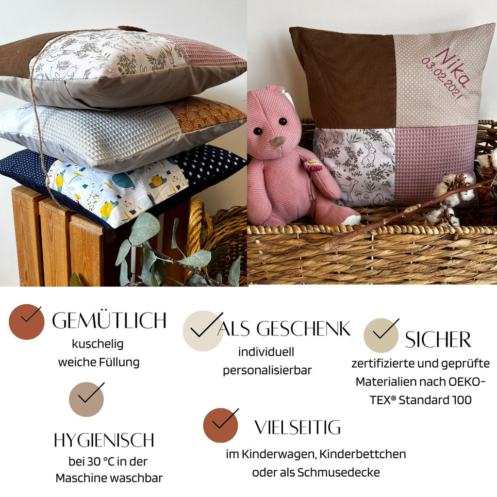 a basket with pillows and a stuffed animal