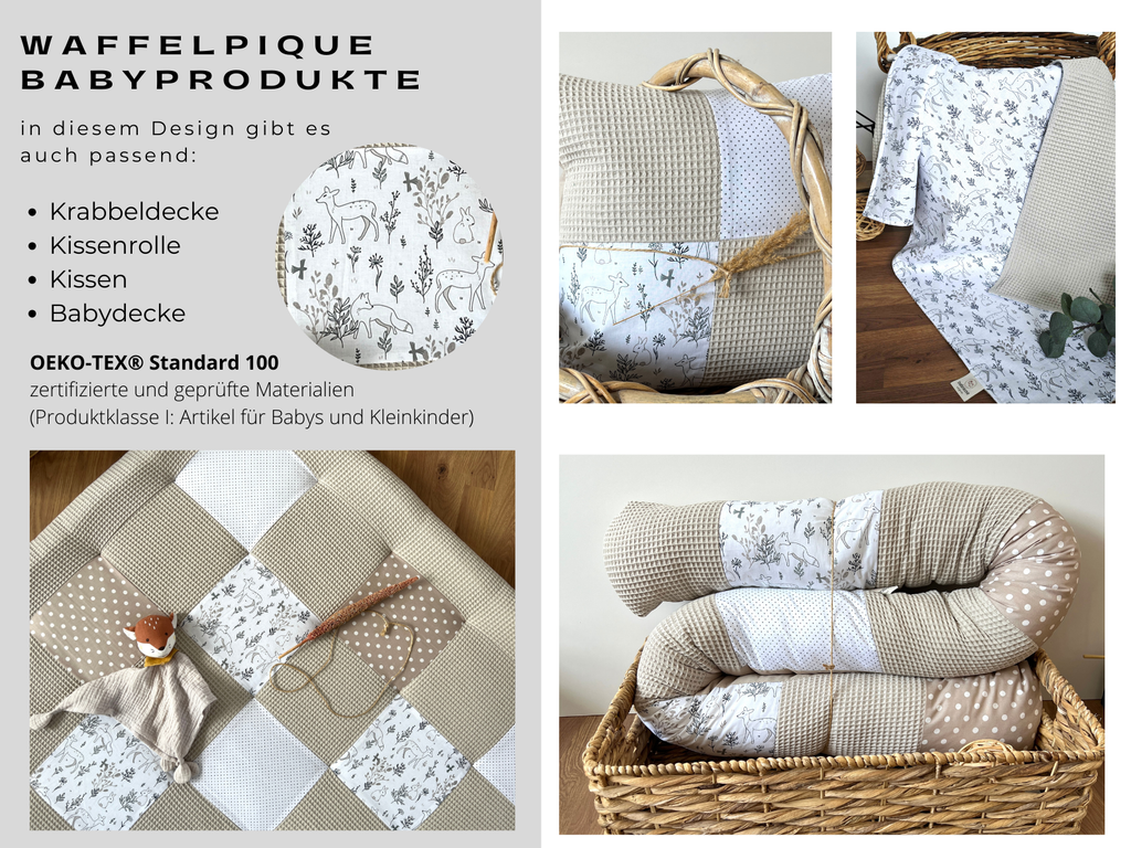 The image is a collage of four photos showcasing various items related to baby products, including a quilt, a pillow, a blanket, and a basket.