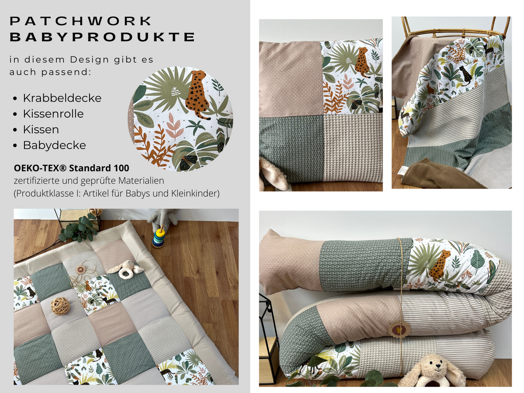 The image is a collage of four photos showcasing a patchwork baby product, including a quilt, pillow, and blanket with a jungle-themed design.