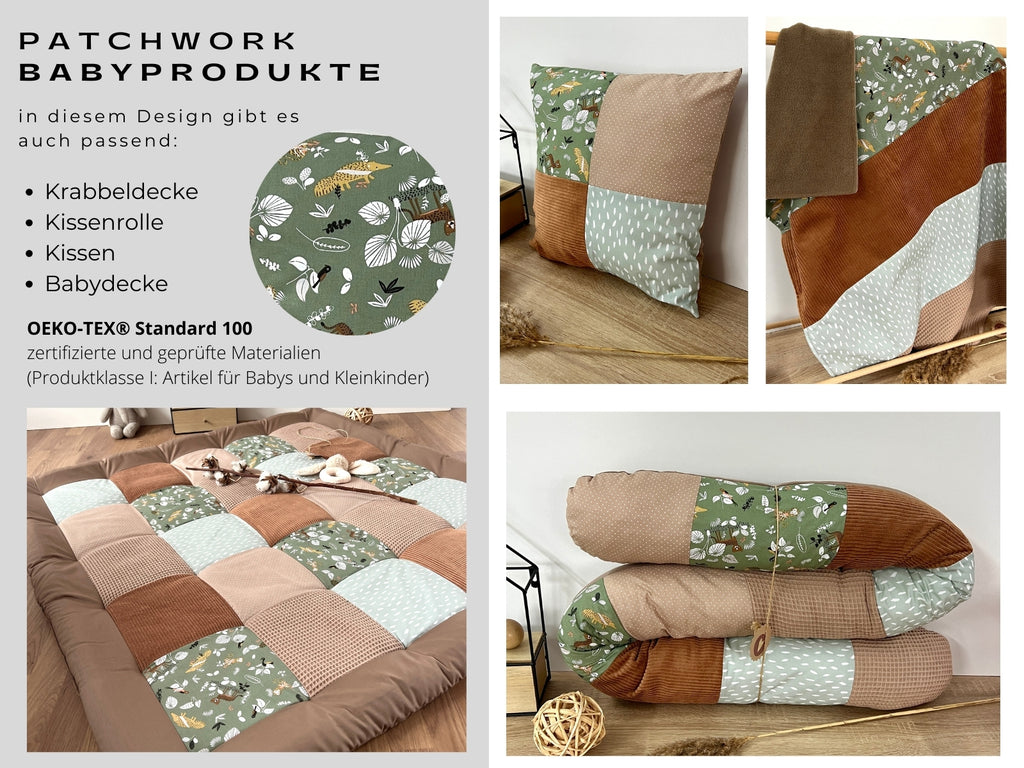 The image is a collage of four photos showcasing a patchwork baby product, including a quilt, pillow, blanket, and a hand-sewn cushion. The product features a patchwork design with various shades of green, brown, and white, and it is described as a "design gift" that can be passed on. The product is a "Oeko-Tex® Standard 100" certified material, which is made from natural fibers and is suitable for baby products.