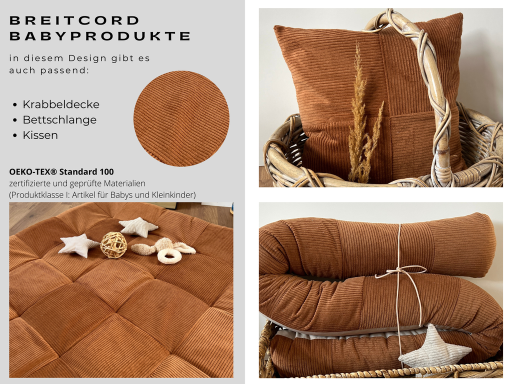 The image is a collage of three photos showcasing different items related to the "BREITCORD BABYPRODUKTE" in German. The first photo features a brown pillow with a white star, the second photo shows a brown blanket with a white star, and the third photo displays a brown pillow with a white star.