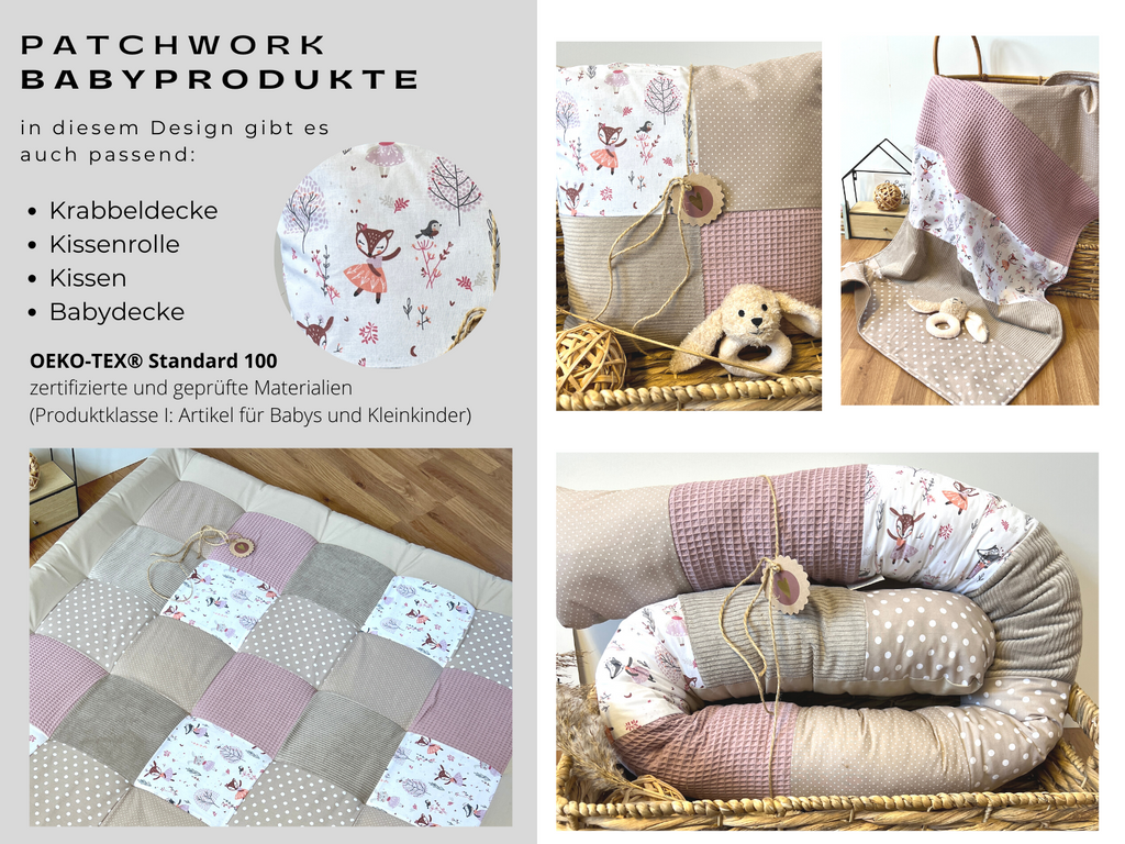 The image is a collage of four photos showcasing various pieces of handmade baby products, including a quilt, a pillow, a blanket, and a stuffed animal.