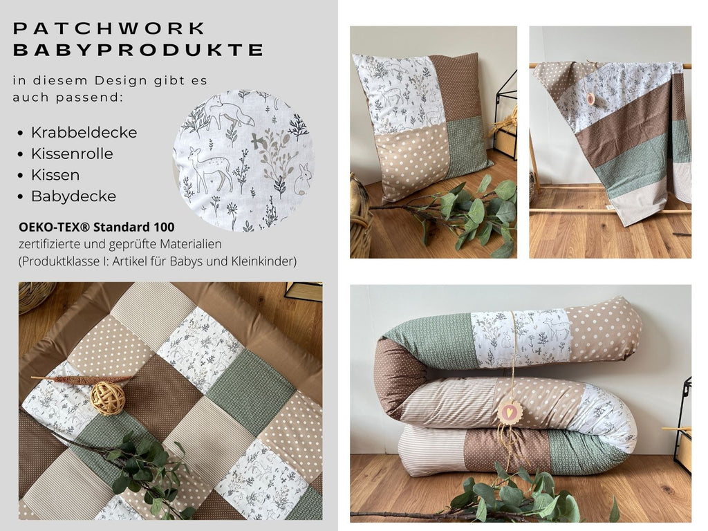 The image is a collage of four photos showcasing various pieces of patchwork baby products, including a pillow, a blanket, a quilt, and a pillowcase. The photos feature a mix of colors and patterns, including shades of brown, green, and white, as well as floral and geometric designs. The collage also includes text descriptions of the products, such as "Krabbeldece", "Kissen", "Kissen", and "Babydecke", as well as the "OEKO-TEX Standard 100" certification.