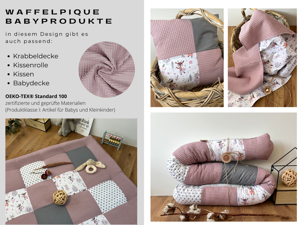 The image is a collage of four photos showcasing a pink and grey baby product, including a pillow, a blanket, a quilt, and a basket. The product appears to be a handmade or handmade-inspired item, possibly a quilt or a blanket. The photos are arranged in a grid format, with each photo featuring a different angle or perspective of the product. The product is displayed in a basket, and there are some toys and other items visible in the background.