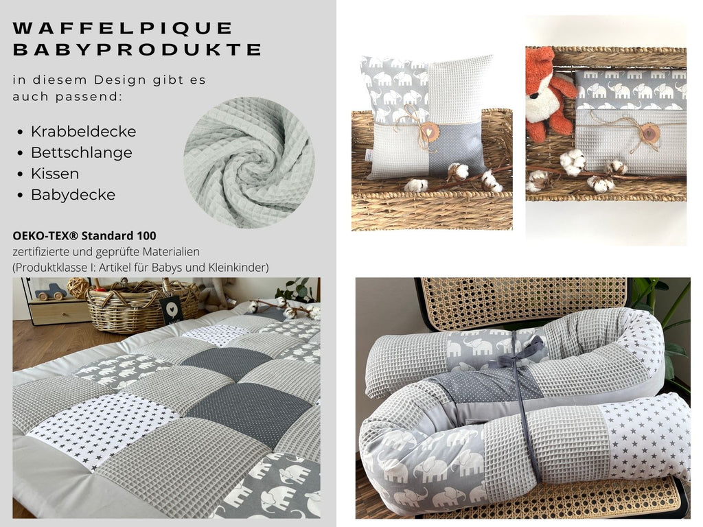 The image is a collage of four photos showcasing various baby products, including a quilt, pillows, and a basket.