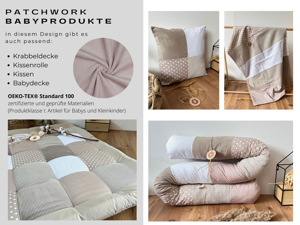 The image is a collage of four photos showcasing a patchwork baby product, including a pillow, a blanket, a quilt, and a folded bedding item. The product appears to be a handmade, patchwork design with a variety of textures and patterns, including a mix of neutral and pastel colors. The collage provides a visual representation of the product's design and features, highlighting its unique and handmade nature.