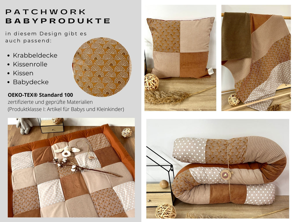 The image is a collage of four photographs showcasing various pieces of patchwork baby products, including pillows, blankets, and a quilt.