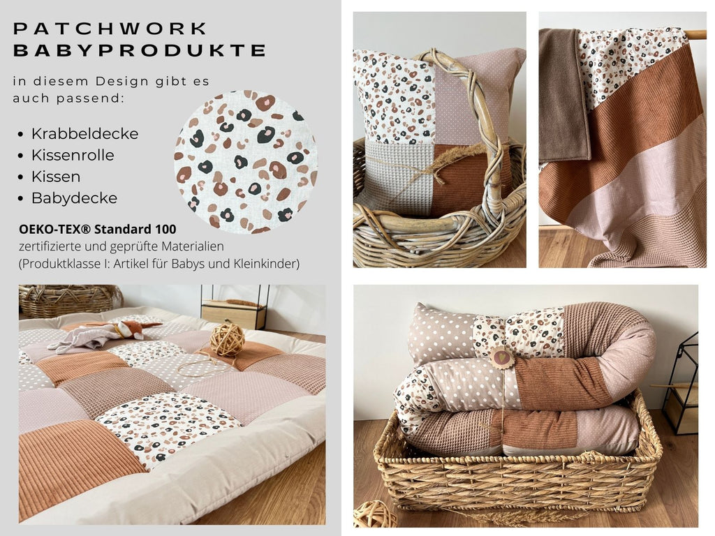 The image is a collage of three photos showcasing a patchwork baby product, including a pillow, a blanket, and a basket. The product features a patchwork design with a leopard print pattern, and it is described as a "design gift" that can be passed on. The product is a "Babydekte" and is made of "OEKO-TEX Standard 100" certified material, which is a natural fiber. The product is displayed in a wicker basket, and the collage includes a close-up view of the pillow and blanket.